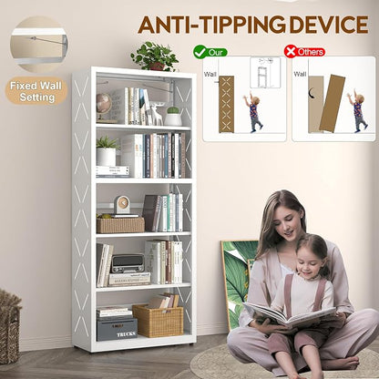 UNICOLY 5 Tier White Bookshelf, 55" H Tall Bookshelf with 5 Storage Shelves, Heavy Duty Deep Shelves, Open Shelf Bookcase with 5 Bookends, Modern Display Shelves for Books, Toys, CD, W23×D10“
