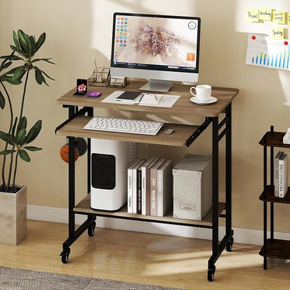 Tangkula Rolling Computer Desk Cart with Keyboard Tray, Mobile Portable Laptop PC Desk with CPU Stand & 3 Hooks for Sofa & Bed, Compact Small Desk on Wheels for Small Spaces (Grey)