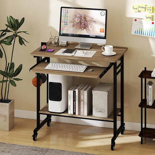 Tangkula Rolling Computer Desk Cart with Keyboard Tray, Mobile Portable Laptop PC Desk with CPU Stand & 3 Hooks for Sofa & Bed, Compact Small Desk on Wheels for Small Spaces (Grey)