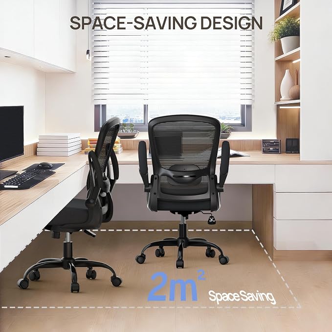 Mimoglad Ergonomic Office Chair, Comfortable Desk Chair with Flip-up Armrests, Adjustable Lumbar Support, 135° Reclining Mesh Computer Chair for Home Office, Small Spaces and Team Office, Black