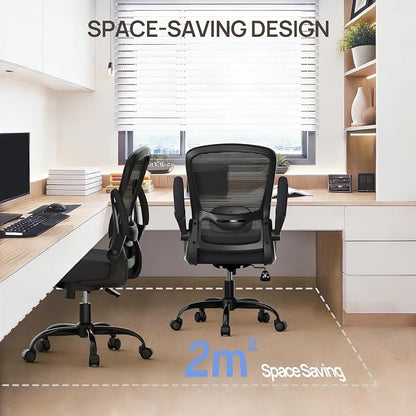 Mimoglad Ergonomic Office Chair, Comfortable Desk Chair with Flip-up Armrests, Adjustable Lumbar Support, 135° Reclining Mesh Computer Chair for Home Office, Small Spaces and Team Office, Black