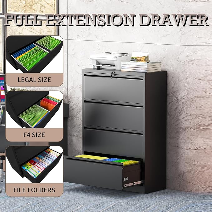 4 Drawer Lateral File Cabinet with Lock, Metal File Cabinet, Lateral File Cabinets for Home Office, Heavy Duty File Storage Cabinet for Legal/Letter/A4 Document, Assembly Required, Black
