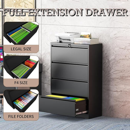 4 Drawer Lateral File Cabinet with Lock, Metal File Cabinet, Lateral File Cabinets for Home Office, Heavy Duty File Storage Cabinet for Legal/Letter/A4 Document, Assembly Required, Black