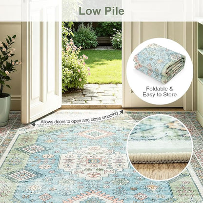 Lofus Vintage Living Room Rugs 8x10, Soft Machine Washable Area Rug for Bedroom Indoor Floor Home Office House Decor, Oriental Traditional Distressed Farmhouse Carpet, Boho Sage Green and Light Blue