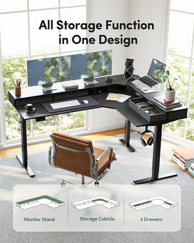 FEZIBO L Shaped Electric Standing Desk, 63 x48 inch Large with Drawers | Reversible Tabletop, 2 Memory Height Settings | Home Office & Gaming Height-Adjustable Table, Black Top/Black Frame（2 packages）