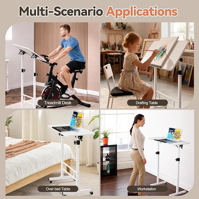 32 Inch Rolling Standing Desk Adjustable Height, Small Mobile Laptop Stand Up Table with Tiltable Tabletop & Lockable Wheel, Portable Workstations for Home Office & Walking Pad Treadmill, White