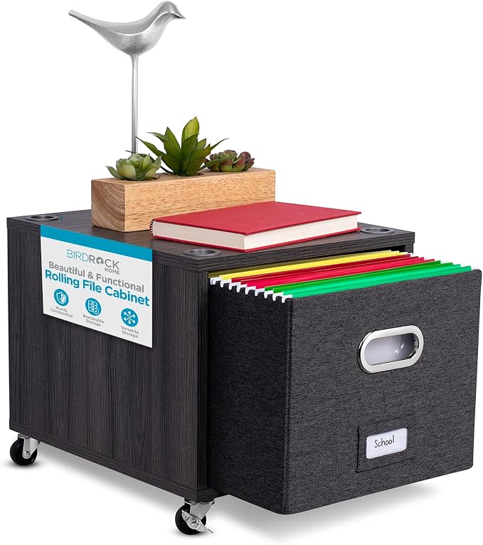 BIRDROCK HOME Rolling File Cabinet – Decorative Storage Shelf w/Removable Bins, Handles, and Wheels – Organize Files, Books, Toys, Under Desk Office Solution, Modern Design - 1 Lateral Drawer, Gray