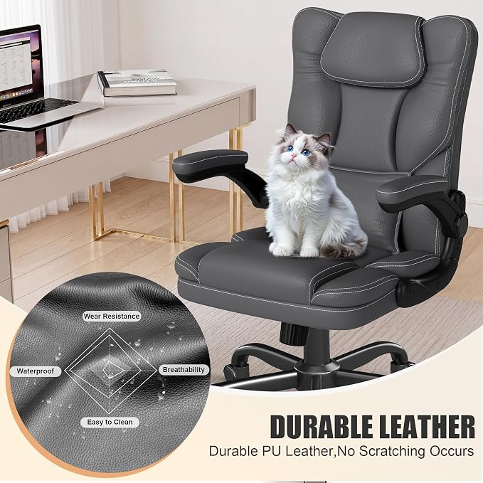 Ergonomic Office Chair with Flip-Up Armrests, Mid Back Executive PU Leather Desk Chair, Height Adjustable with Lumbar Support, Rocking & Swivel Computer Chair for Home Office