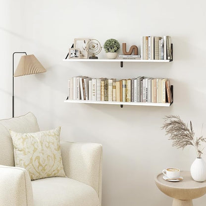 Heimlove White Deep Floating Shelves for Wall, 36W x 8D Wood Wall Shelves Set of 2, Wide Floating Bookshelf for Living Room, Kitchen, Office, Bedroom and Decor Storage, with Black Bracket - White