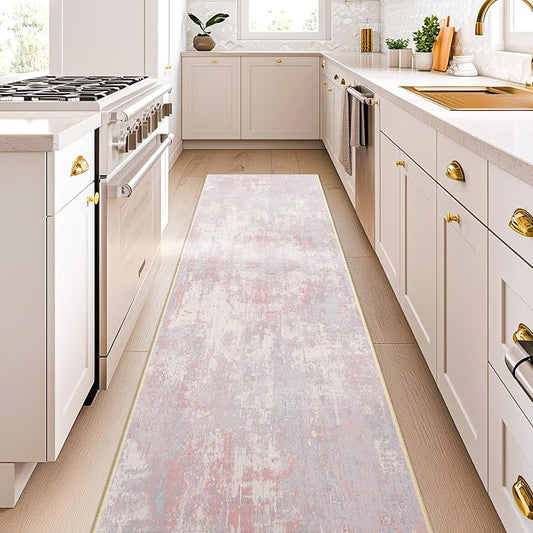 RELEANY Washable Area Rugs 2'x8' Non-Slip Modern Abstract Soft for Living Room Entryway Bedroom Kitchen, Print Pattern, Grey Pink