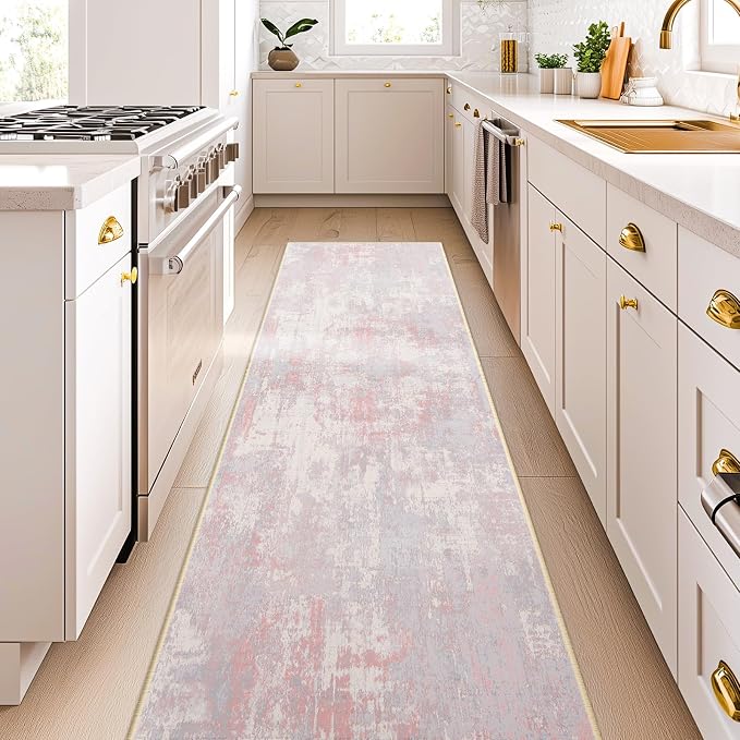 RELEANY Washable Area Rugs 2'x10' Non-Slip Modern Abstract Soft for Living Room Entryway Bedroom Kitchen, Print Pattern, Grey Pink