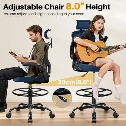Drafting Chair, Tall Office Chair for Standing Desk, Ergonomic High Back with Headrest, Lumbar Support, Foot Ring and Flip-up Armrests, Navy Blue