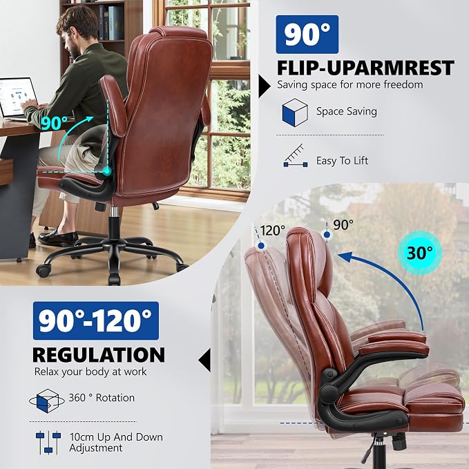 PU Leather Office Chair, Ergonomic High-Back Desk Computer & Gaming Chair with Adjustable Height, Rolling Swivel & Flip-Up Armrests, Comfy Padded Seat for Home Office-Brown