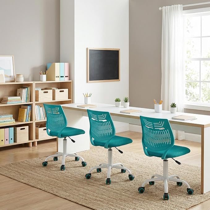 FurnitureR Desk Chair Armless, Adjustable Small Home Office Task Chair with Mesh Padded Cushion, Swivel Study Computer Chair with Rolling Wheels for Children Kids Teens Students, Aqua Green