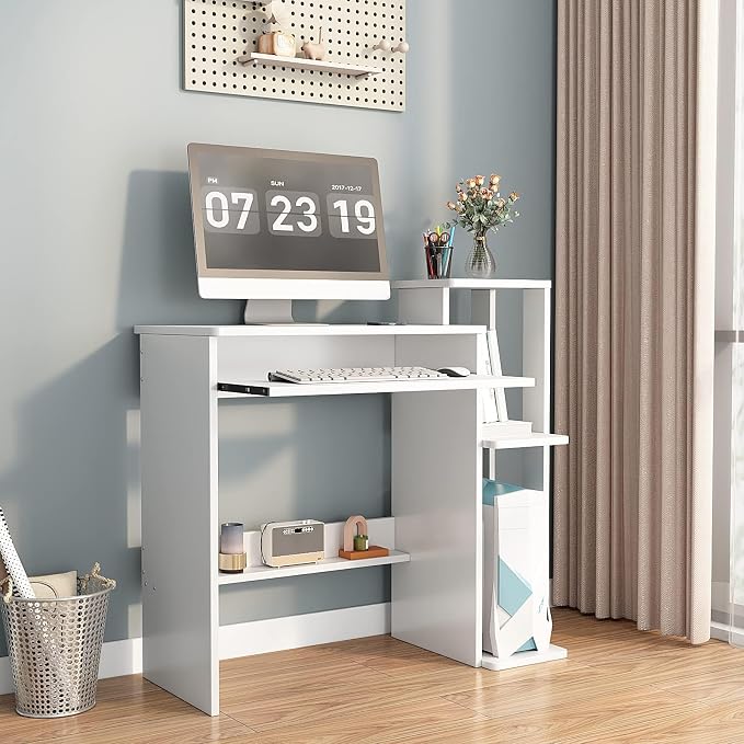 35" Compact Computer Desk with 3-Tier Storage Shelves & Keyboard Tray – Small Study Table for Bedroom or Home Office (White)