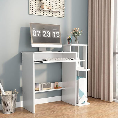 35" Compact Computer Desk with 3-Tier Storage Shelves & Keyboard Tray – Small Study Table for Bedroom or Home Office (White)