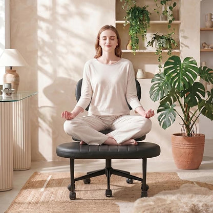Cross Legged Office Chair with Wheels, 360 Swivel Height-Adjustable Meditation Chair with Lumbar Support, PU Leather, Black