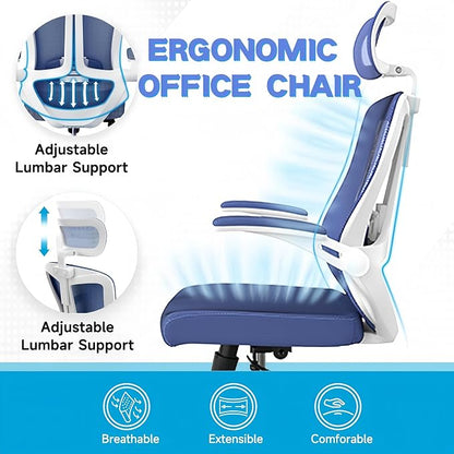 Ergonomic Office Chair - 350LB Comfy Desk Chairs with Adjustable Headrest and Lumbar Back Support, Mesh Computer Chairs with Wheels and Arms for Home Office, Study (Blue-with Headrest)
