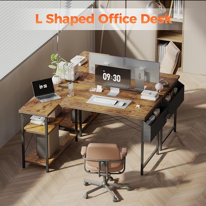 Mericonia Small L Shaped Computer Desk with Power Outlets, Reversible Gaming Desk with Storage Shelves, Corner Gamer Desk Table, Study Writing Table