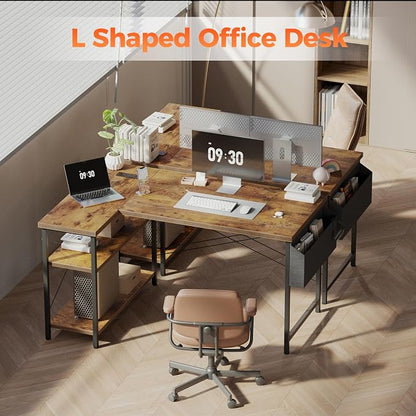Mericonia Small L Shaped Computer Desk with Power Outlets, Reversible Gaming Desk with Storage Shelves, Corner Gamer Desk Table, Study Writing Table