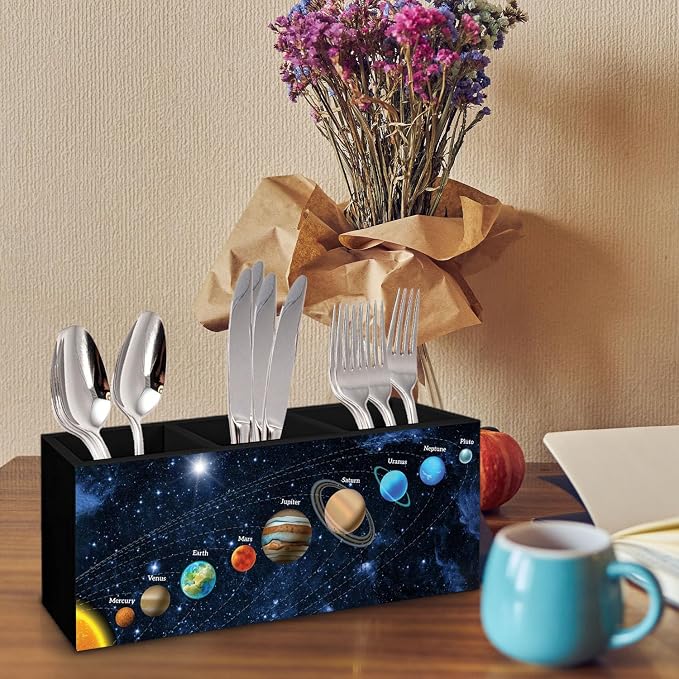 Outer Space Decor Wooden Pen Pencil Holder for Desk, Black Space Themed Bedroom Decor Gift for Kids Men, The Solar System Wood Makeup Brush Toothbrush Holder Organizer for Library Bedroom