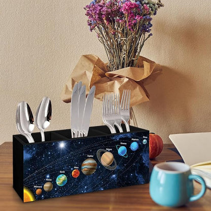 Outer Space Decor Wooden Pen Pencil Holder for Desk, Black Space Themed Bedroom Decor Gift for Kids Men, The Solar System Wood Makeup Brush Toothbrush Holder Organizer for Library Bedroom