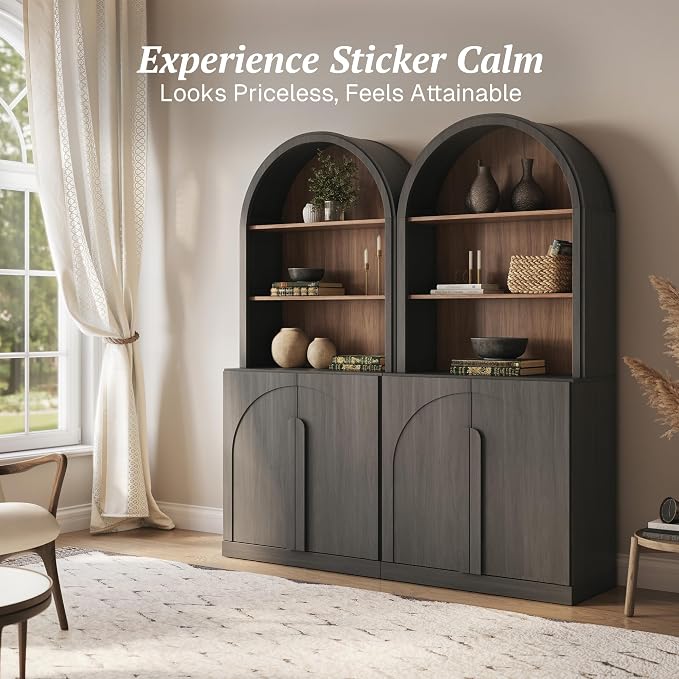BELLEZE Set of 2 71"Tall Storage Cabinet with Arched Hutch, Wooden Sideboard Buffet Cabinet with Adjustable Shelves for Pantry Organizing, 5-Tier Modern Storage Unit for Living Room Home Office, Ebony