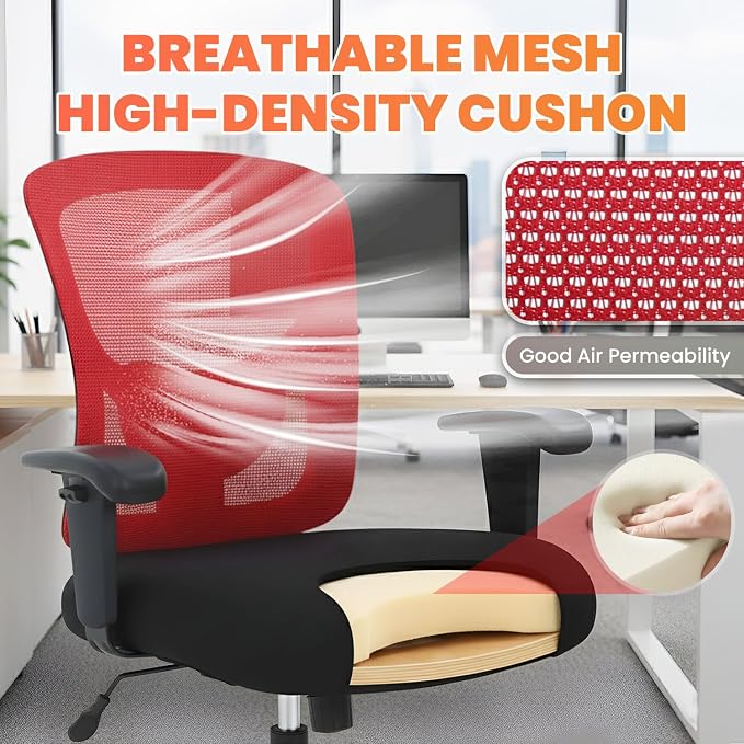 Big and Tall Office Chair 400lbs Desk Chair Mesh Computer Chair with Lumbar Support Wide Seat Adjust Arms Rolling Swivel High Back Task Executive Ergonomic Chair,Red