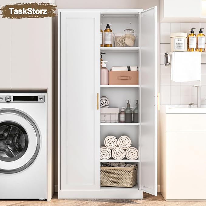 71" H Metal Storage Cabinet, Tall Storage Cabinet with Doors & 4 Adjustable Shelves, White Pantry Cabinet for Kitchen, Dining Room & Living Room