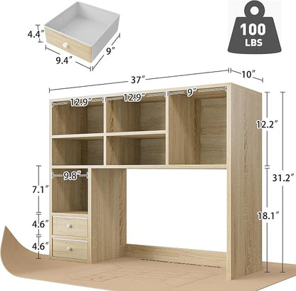 REIBII Desktop Bookshelf, High-Capacity Desk Hutch Organizer with 7 Shelves and 2 Drawers, Adjustable Bookshelf Storage, Desk Shelf for Top of Desk, Desk Hutch Dorm, Natural