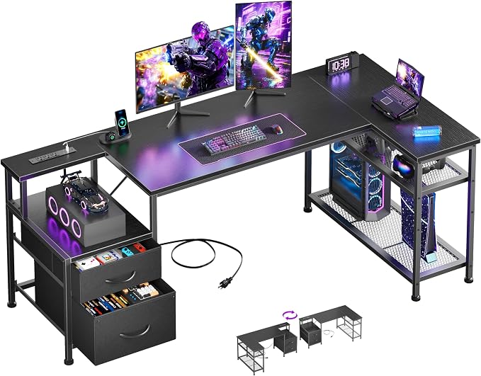 Korfile 57 Inch L Shaped Gaming Desk with Power Outlets and Type-C Port, Reversible Computer Office Desk with 2 Fabric Drawers & Mesh Shelves, Corner Desk for Study Work Writing Desk, Black