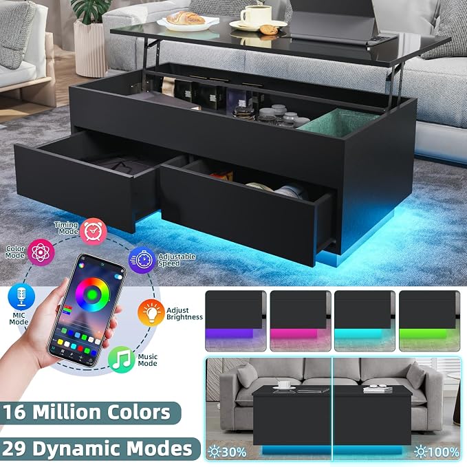 HOMMPA LED Coffee Table with Lift Top Morden Coffee Table with Storage High Gloss Black Sofa Table for Living Room Center Tables Hidden Compartment & 2 Drawers
