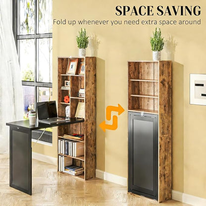 Foldable Wall Mounted Desk with Storage Shelves & Blackboard, Fold-Out Convertible Writing Table for Small Spaces | Space-Saving Floating Computer Desk for Home Office (Brown)