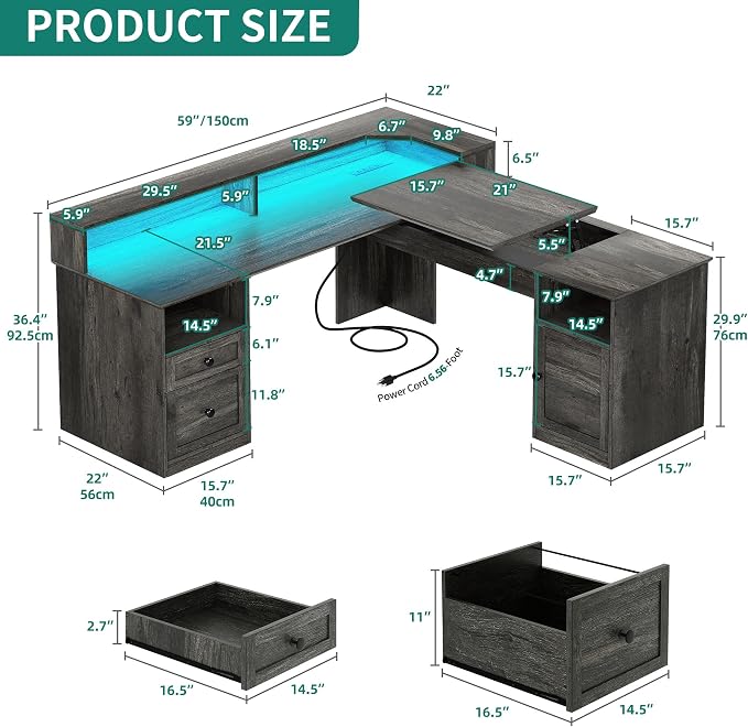 YITAHOME L Shaped Desk with Power Outlets & LED Lights, 60" Corner Computer Desk with Drawers & Lift Top, Home Office Desk with Monitor Stand & File Cabinet, Wood Height Adjustable Desk, Grey