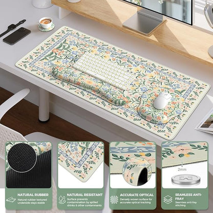iCasso Green Desk Pad Mat, Large Mouse Pad and Keyboard Wrist Rest Set, Desk Protector Mat,4in1 Ergonomic Carpal Tunnel Keyboard Pad with Wrist Support for Desktop Cover Home Office Computer