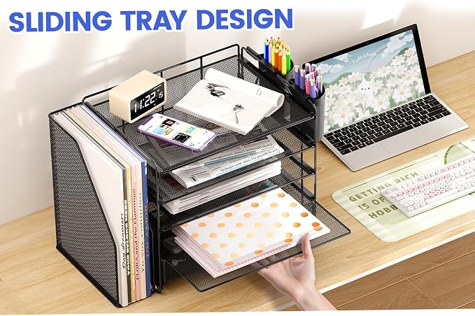 OPNICE Desk Organizer, 5-Tier Paper File Organizer with Drawer & Pen Holder, Office Desk Accessories, Workspace Desktop Organizer for Office Supplies(Black)