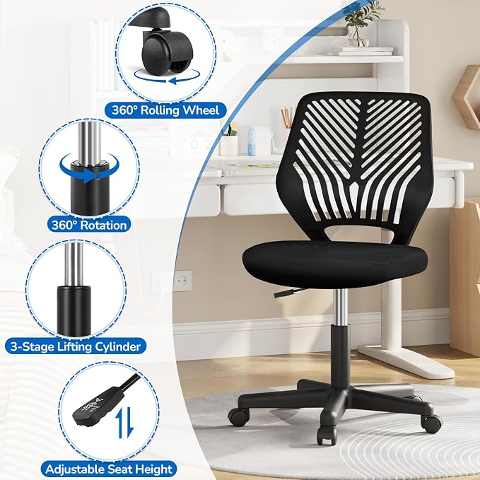 Topeakmart Armless Office Chair, Adjustable Swivel Mesh Computer Study Chair for Small Spaces, Black