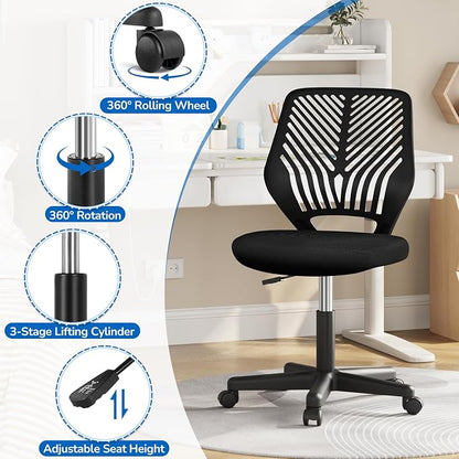 Topeakmart Armless Office Chair, Adjustable Swivel Mesh Computer Study Chair for Small Spaces, Black