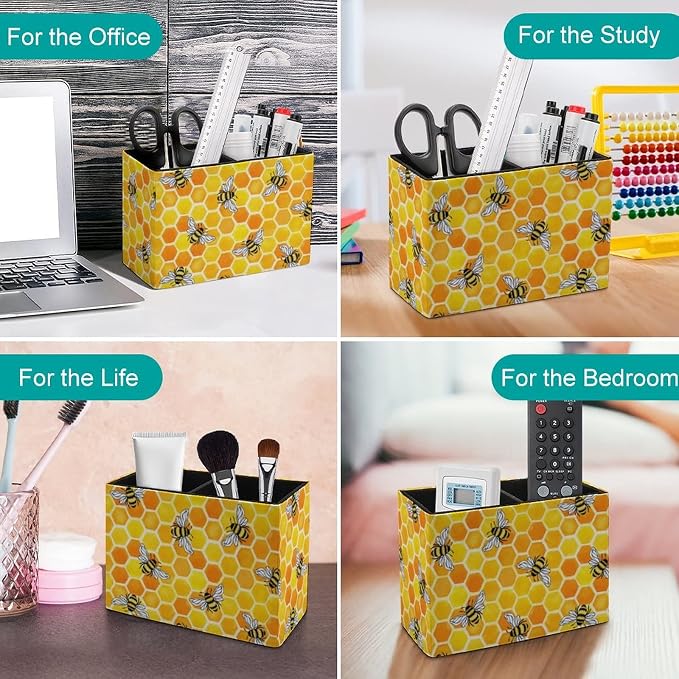 Niapessel Pencil Holder for Desk, Yellow Honeycomb And Bees Pen Holder Storage Desktop Pen Organizer Desk Pencil Organizer Makeup Brush Holder for Office School College Leather
