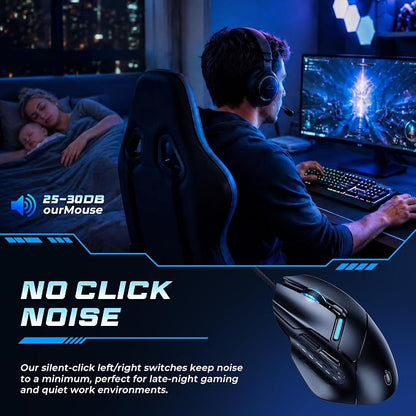 Uineer Ergonomic Wired Gaming Mouse, RGB Programmable Mouse with 6 Macro Buttons, 7200 DPI Adjustable, Silent Click USB-A Computer Mouse for PC Gamer, Windows, Mac, Laptop