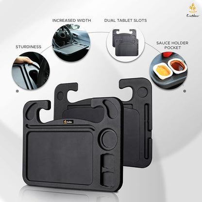 EcoNour 4 in 1 Car Steering Wheel Tray - 2026 Upgraded Tray with Dual Sauce Dip Holder and Tablet Holder | Spacious Steering Wheel Desk for Food and Laptop | Car Accessories (Large)