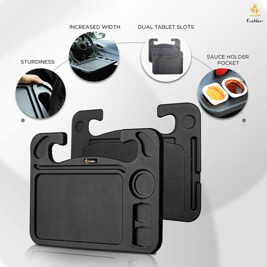 EcoNour 4 in 1 Car Steering Wheel Tray - 2026 Upgraded Tray with Dual Sauce Dip Holder and Tablet Holder | Spacious Steering Wheel Desk for Food and Laptop | Car Accessories (Large)