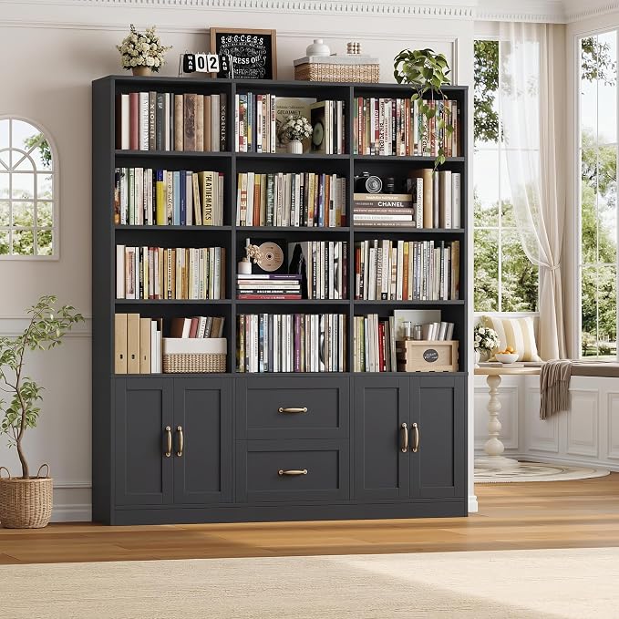 HOSTACK 71" Tall Triple Wide Bookshelf with Doors & Drawers, Modern Wood Bookcase for Storage, 6-Tier Large Bookcase with Display Shelves, Space-Saving Bookshelf for Living Room, Home Office, Black
