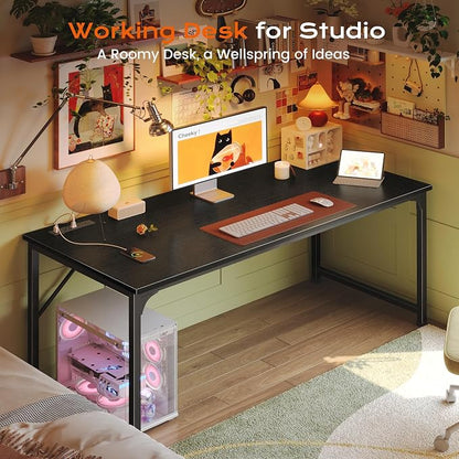 PRAISUN 54 X 24 Inch Computer Desk with Power Outlets & USB-C Port,Larger and Longer Office Desk with Deeper Desktop, Study, Bedroom, Writing Work from Home Table, Metal Frame, Black