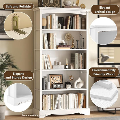 TVU 5-Tier Wooden Bookshelf, 31.5" W x 65" H ×9.9" D Bookshelf with Storage, Floor Standing Modern Style Display Bookcase for Living Room, Office, Study Room, Entryway, White