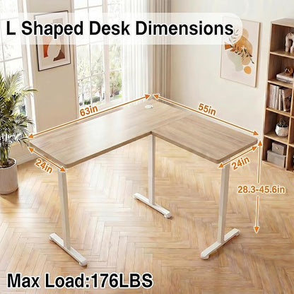 63” L Shaped Standing Desk,Electric Height Adjustable Corner Stand Up Desk, Ergonomic Sit Stand Home Office Computer Desk with Splice Board (Oak)