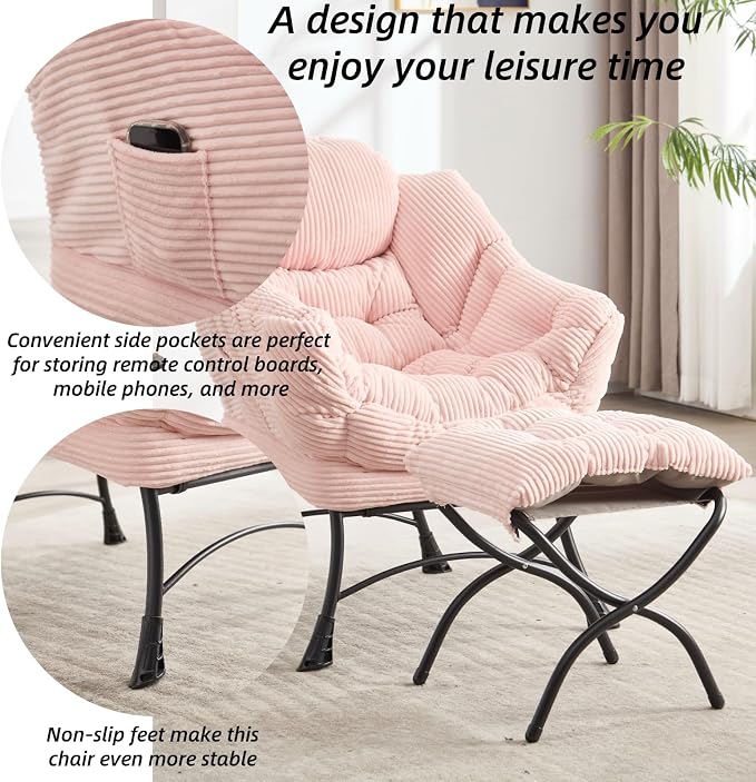 Modern Lazy Chair with Ergonomic Ottoman, Comfortable Lounge Chair with Footrest for Space Saving, Comfy Reading Armchair for Living Room, Bedroom, Office, Pink