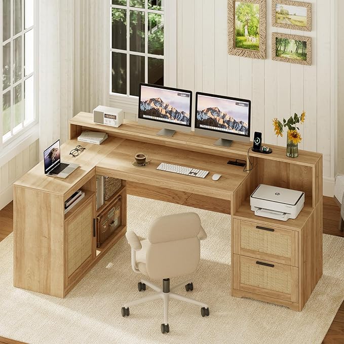 TVU Farmhouse L Shaped Desk with Drawers, 62.2" Home Office Desk with Storage Shelves and Power Outlet, L Shaped Computer Desk with Monitor Stand and Printer Shelf, Oak/Rattan