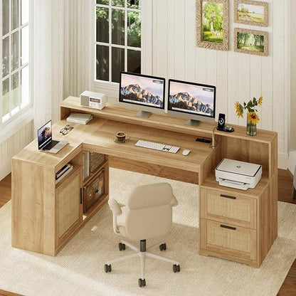 TVU Farmhouse L Shaped Desk with Drawers, 62.2" Home Office Desk with Storage Shelves and Power Outlet, L Shaped Computer Desk with Monitor Stand and Printer Shelf, Oak/Rattan