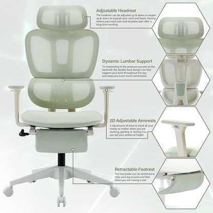 Ergonomic Mesh Office Chair with Retractable Footrest - High Back Computer Chair, Lumbar Support, Adjustable Armrest and Headrest, Durable Base - Multifunctional Home Office Desk Chair for Adults